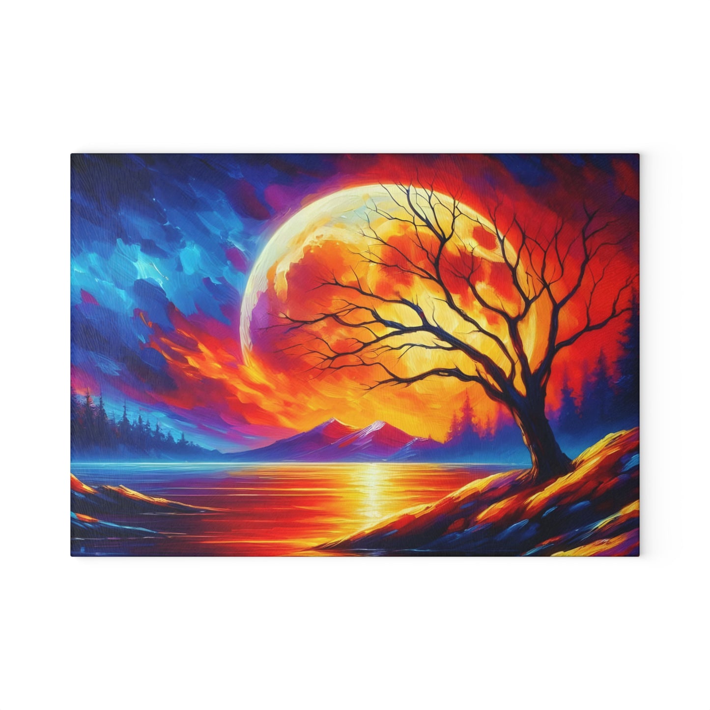 🌅🔥 Fiery Sunset Reflection Cutting Board – Vibrant Tree Silhouette Art 🔥🌅