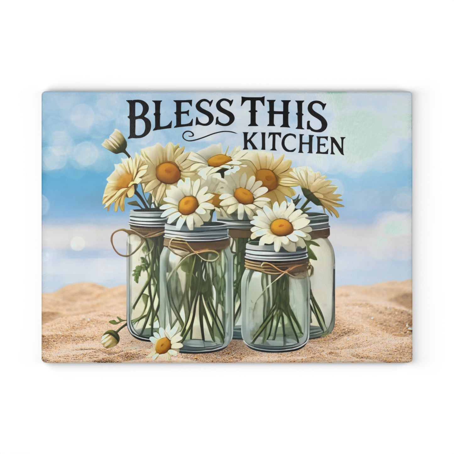 Tabla de cortar de vidrio, Bendice esta cocina, decoración de playa, cocina costera, cocina de granja, tabla de charcutería, tabla de cortar personalizada, flores