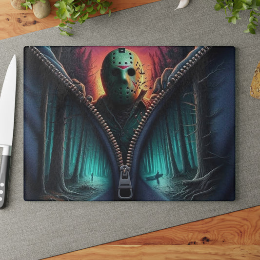 🪓 Masked Forest Horror Cutting Board – Slice Into Style with Creepy Vibes