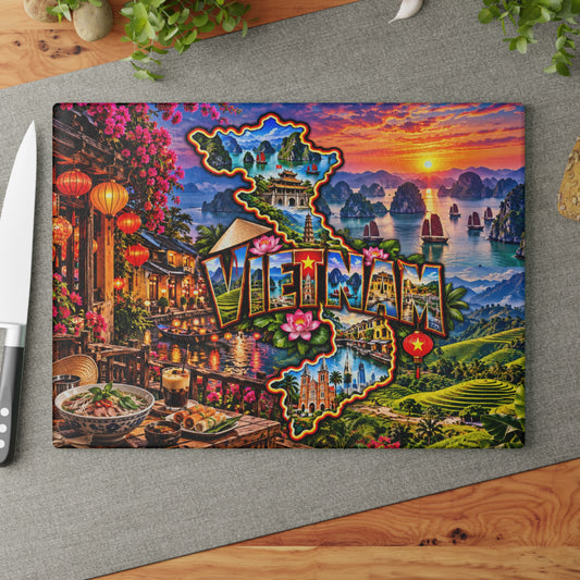 Vietnam Map Cutting Board – Colorful Ha Long Bay, Lantern-Lit Hoi An, Rice Terraces, Lotus Flowers & Vietnamese Kitchen Décor
