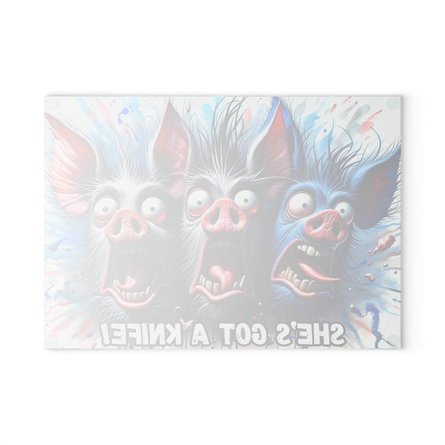 🐷🔪 “She’s Got a Knife!” Glass Cutting Board – Hilariously Spooky Farmhouse Vibes