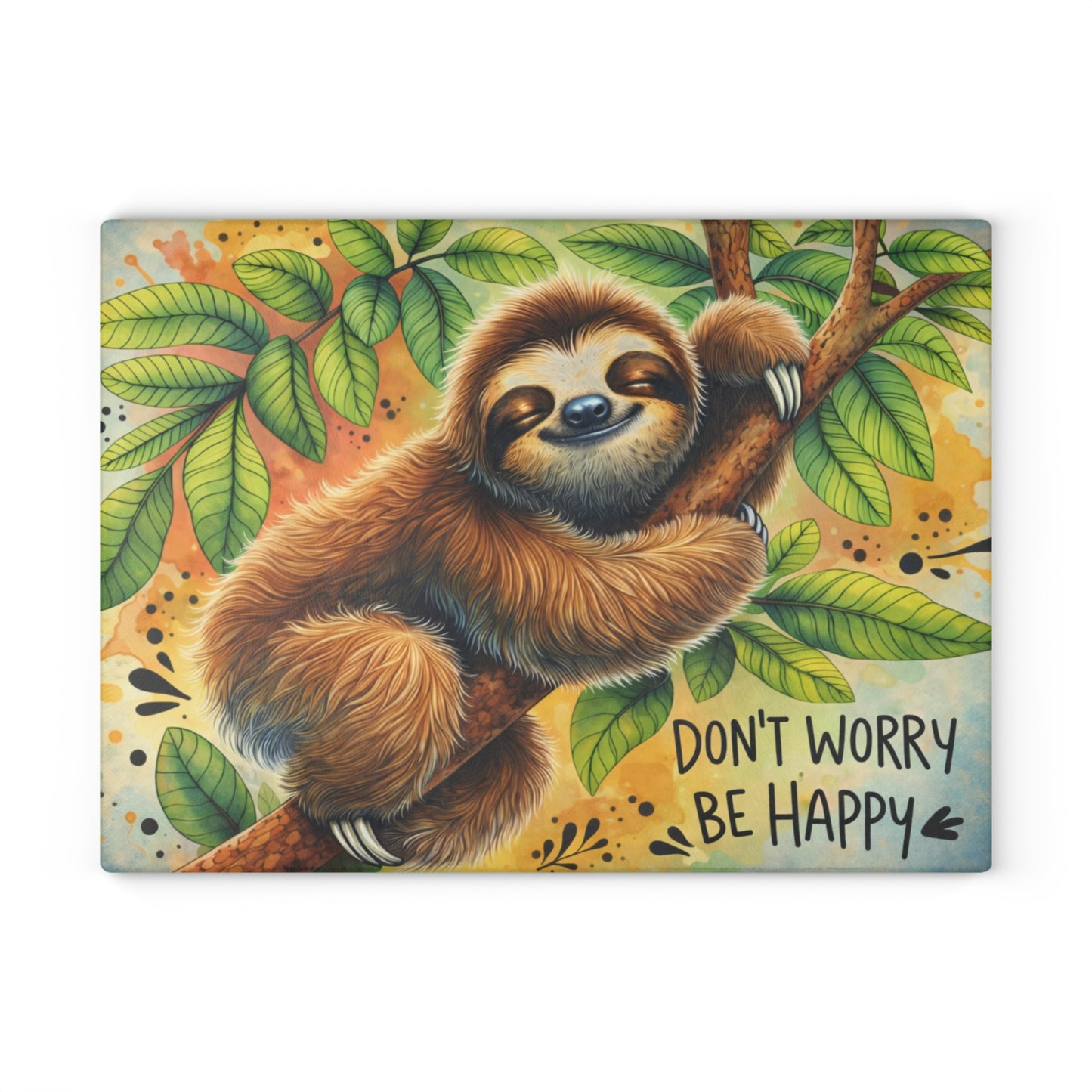 Don’t Worry Be Happy Glass Cutting Board – Whimsical Sloth Artwork