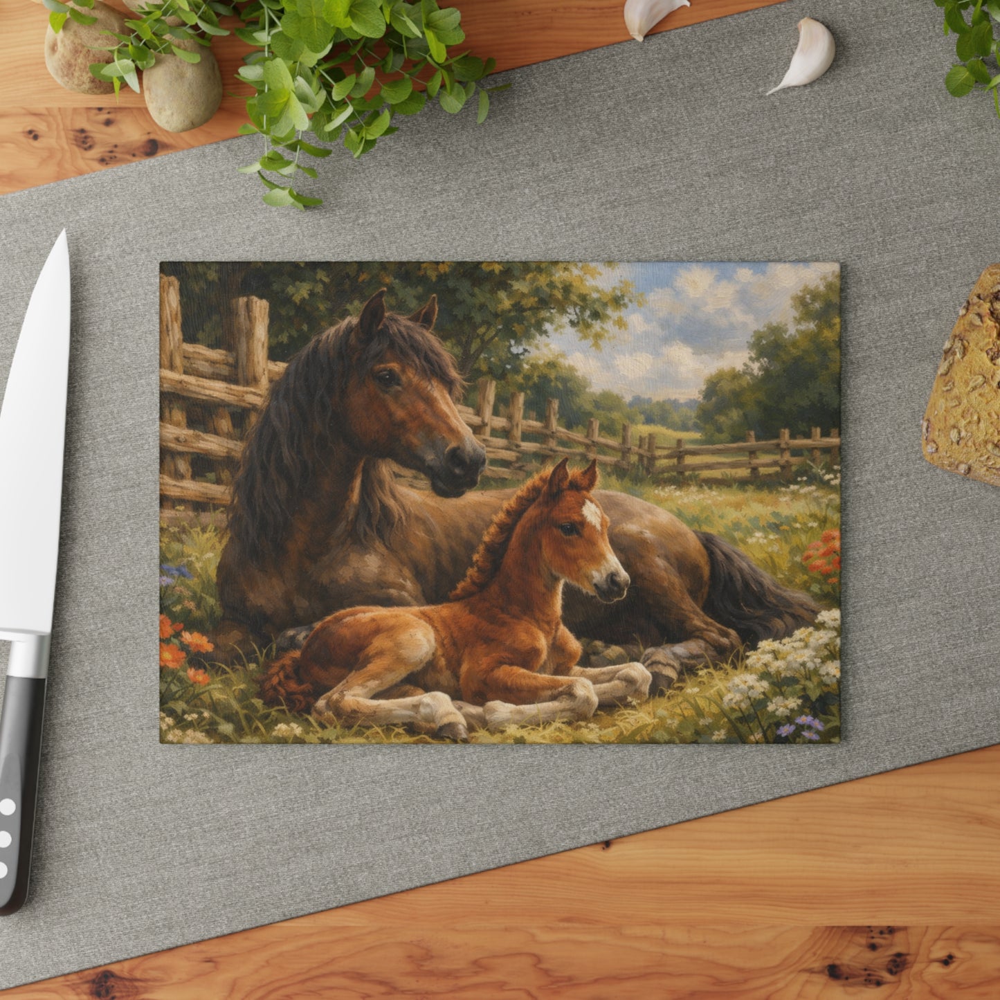 Mare and Foal Glass Cutting Board – Horse Lover Farmhouse Kitchen Decor