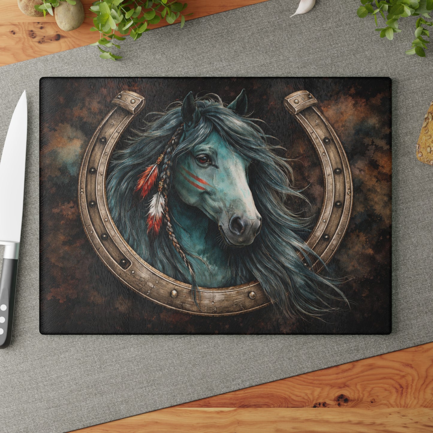Spirit Horse Horseshoe Glass Cutting Board – Western Equine Art with Rustic Strength
