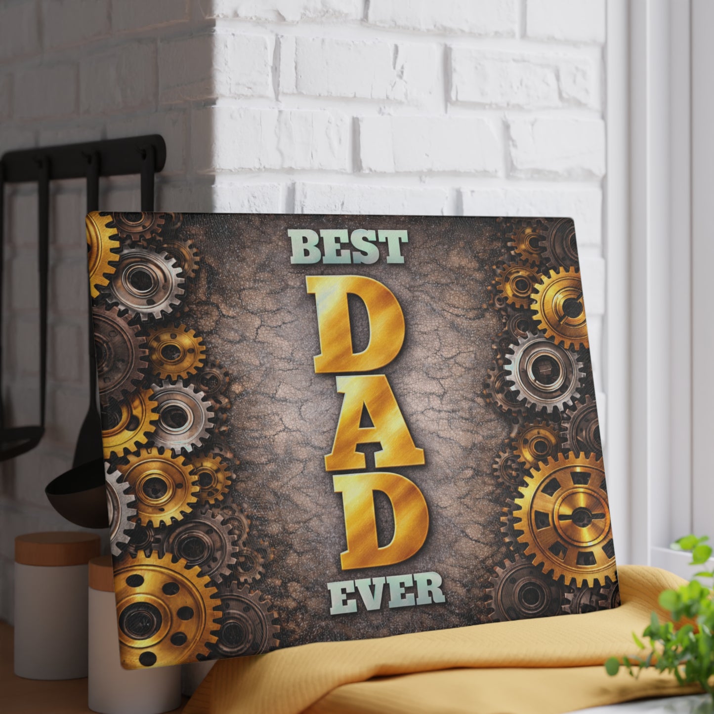 Best Dad Ever Glass Cutting Board – Industrial Gear Father Tribute Kitchen Art