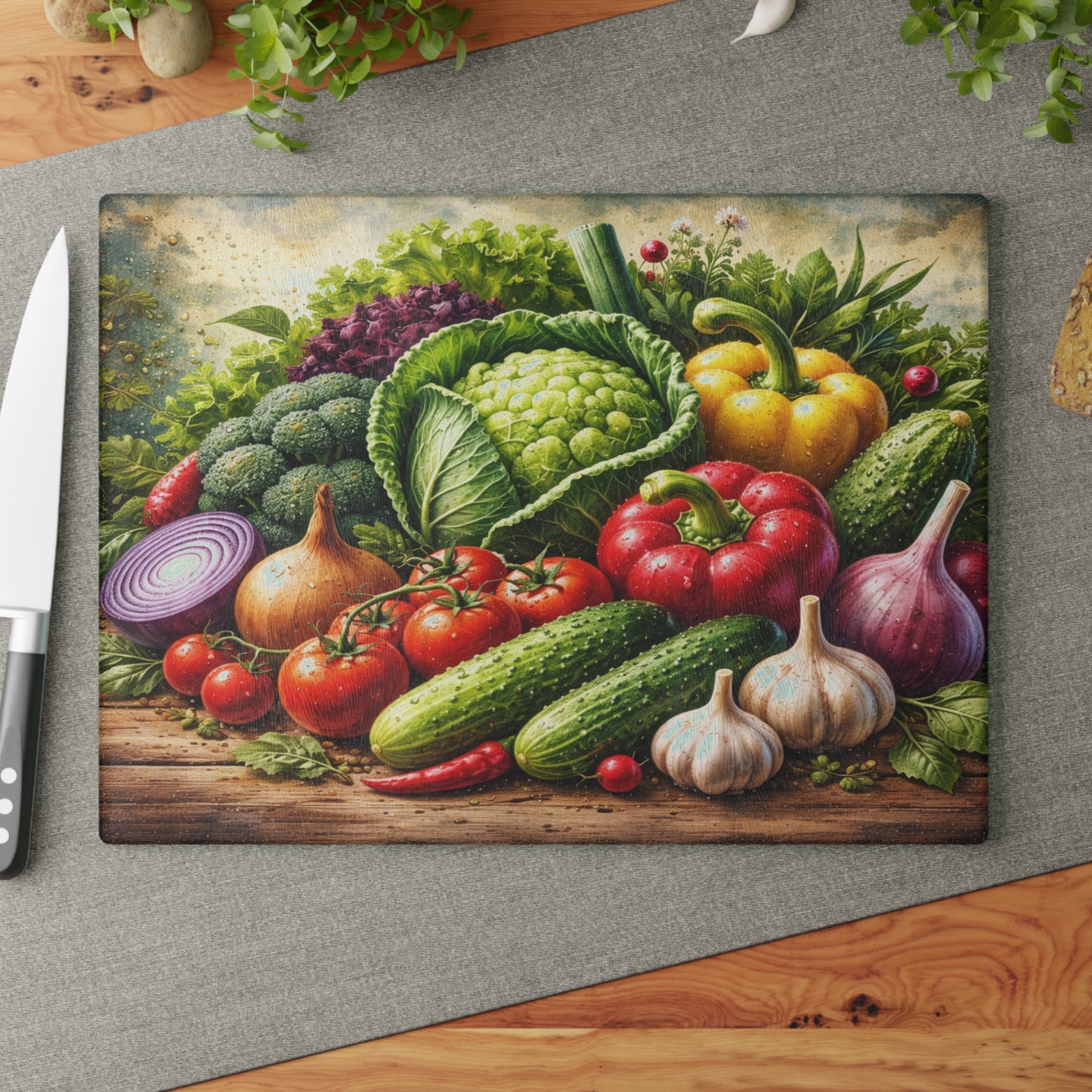 Garden Harvest Glass Cutting Board – Fresh Farm Market Inspired Kitchen Art