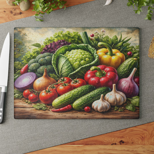 Garden Harvest Glass Cutting Board – Fresh Farm Market Inspired Kitchen Art