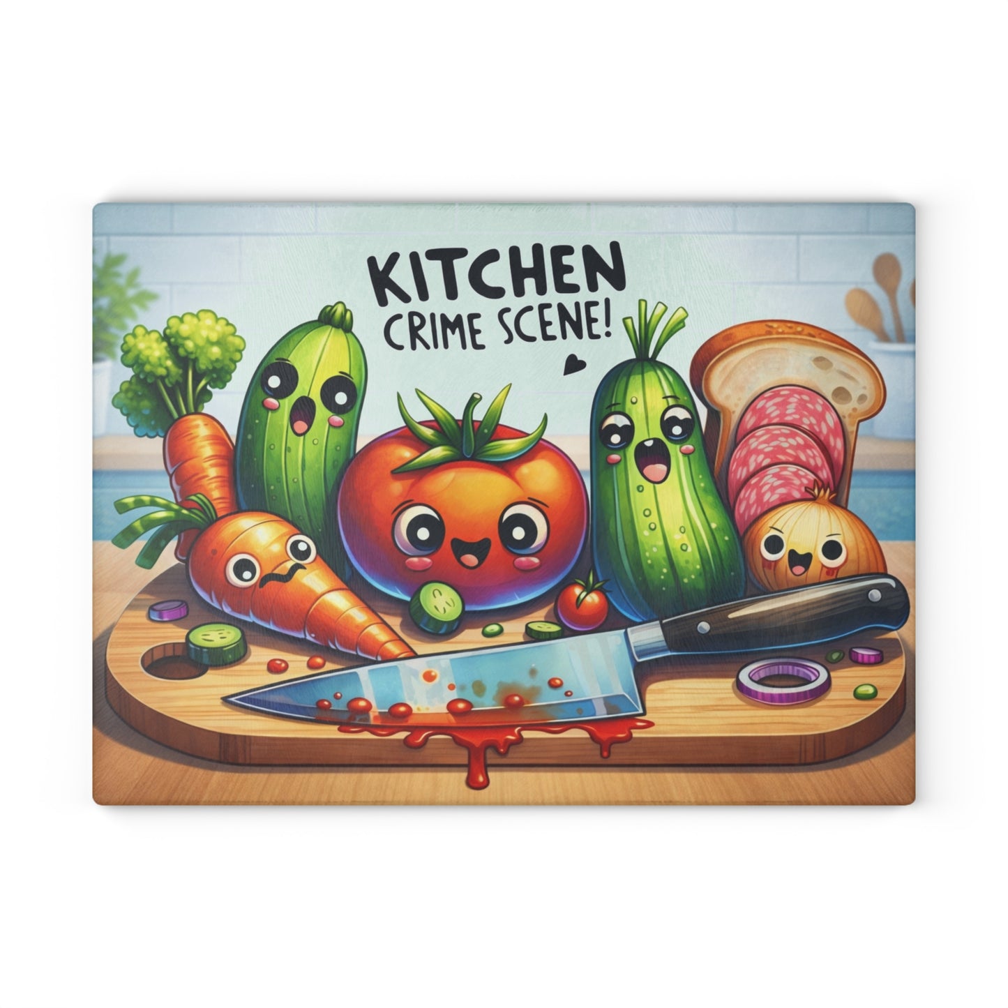 Kitchen Crime Scene Glass Cutting Board – Funny Vegetable Cartoon Kitchen Decor