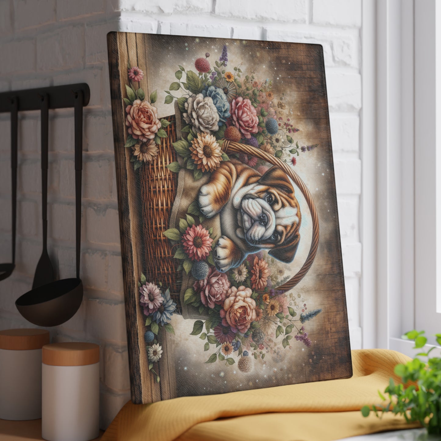 🐶🌸 Bulldog in Basket Cutting Board – Rustic Charm for Your Kitchen 🌼