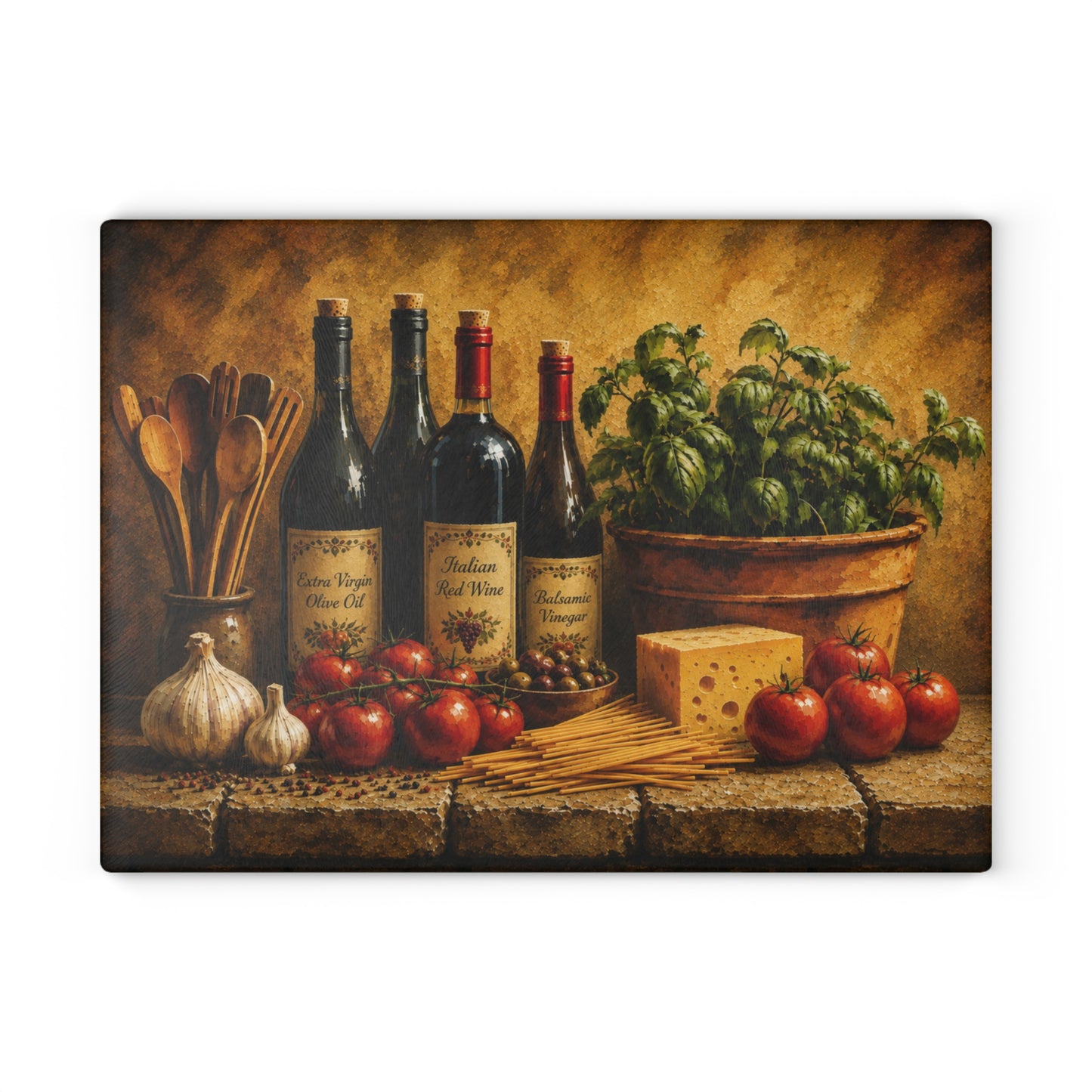 Tuscan Italian Kitchen Glass Cutting Board – Olive Oil, Red Wine, Balsamic Vinegar, Basil & Tomato Decor
