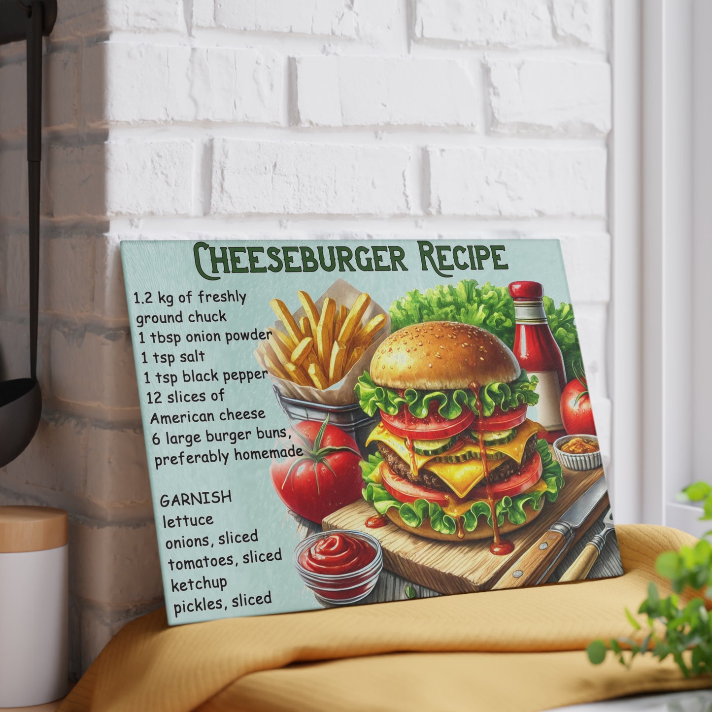 🍔 Cheeseburger Recipe – Gourmet Burger Lovers Glass Cutting Board