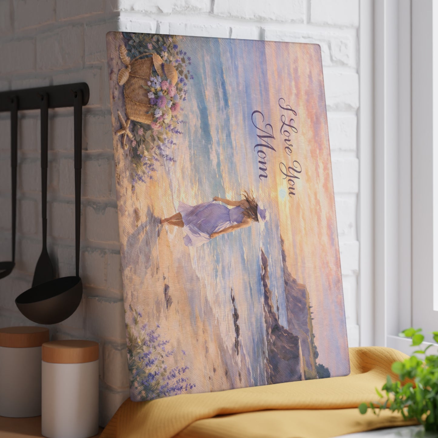 “I Love You Mom” Beach Sunset Glass Cutting Board – Mother’s Day Gift for Mom