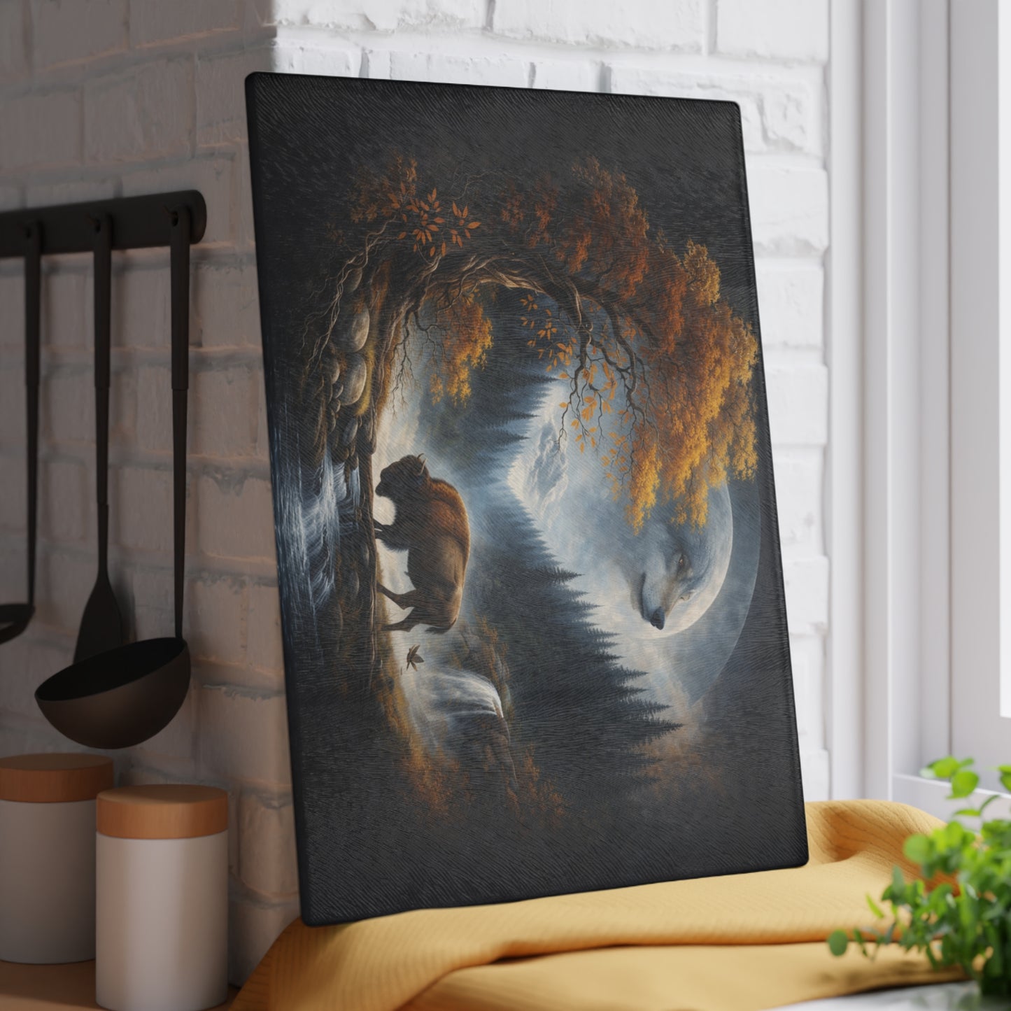 Moonlit Wolf Spirit Forest Glass Cutting Board – Mystical Wildlife Landscape Kitchen Art