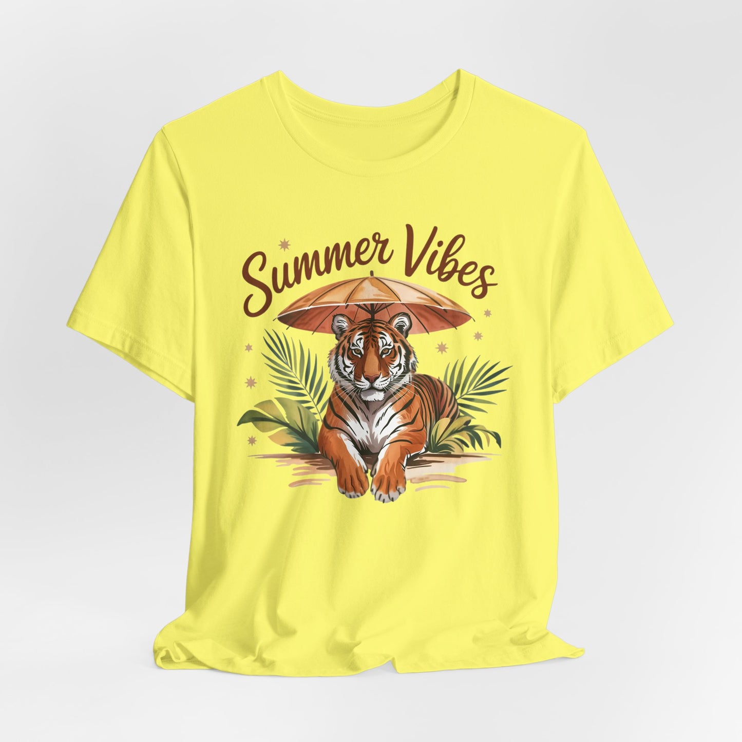 Camiseta Summer Vibes Tiger – Gráfico de palmeras de la selva con paraguas | Múltiples opciones de color