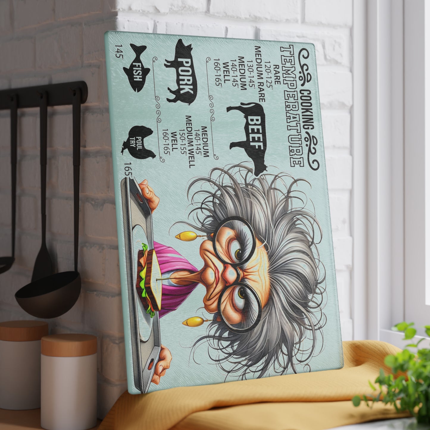 Guía de temperatura de cocina de la abuela gruñona Tabla de cortar: un artículo esencial de cocina divertido