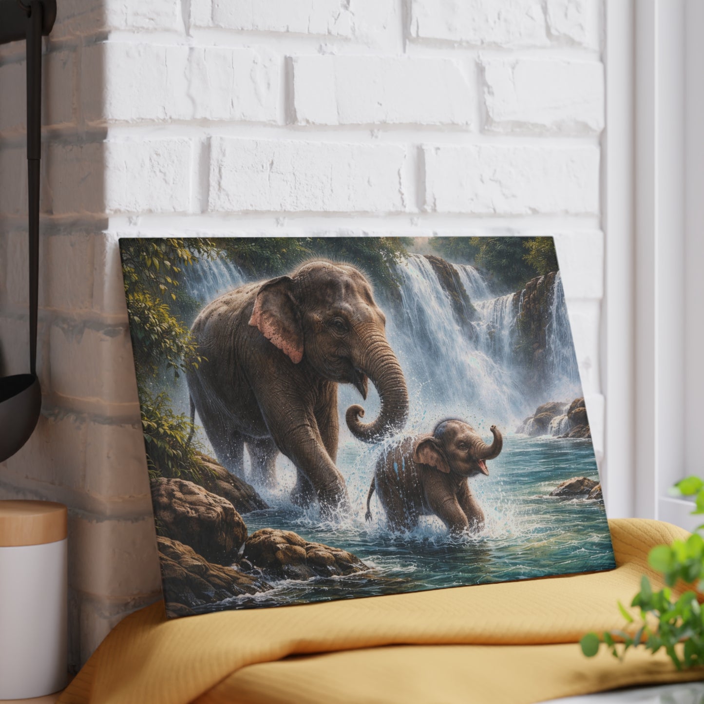 Elephant Waterfall Adventure Glass Cutting Board – Playful Wildlife Nature Kitchen Art