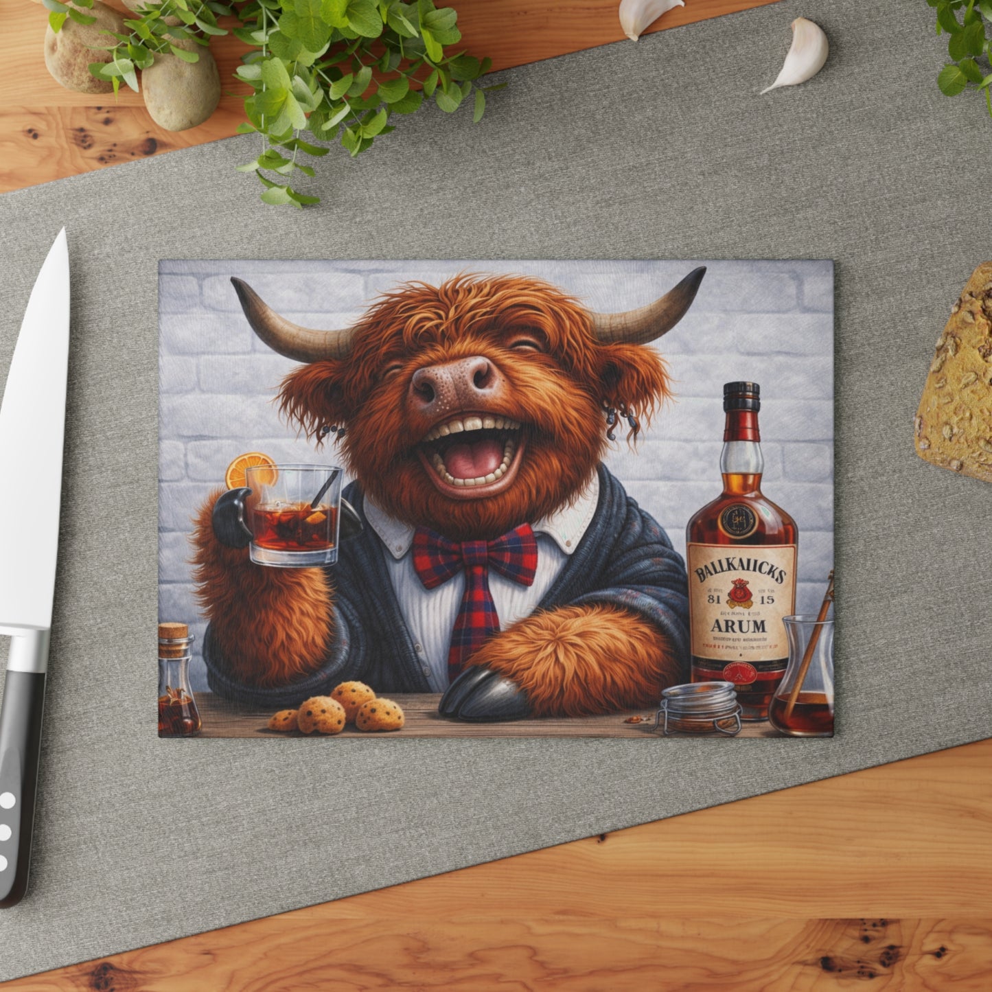 Smiling Highland Cow Whiskey Glass Cutting Board – Playful Farm Bar Art with Rustic Humor