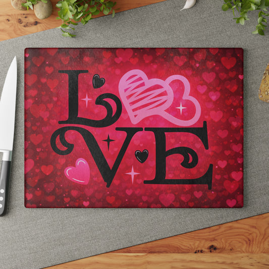 LOVE Heart Typography Glass Cutting Board – Romantic Red Heart Design for Meaningful Home Decor