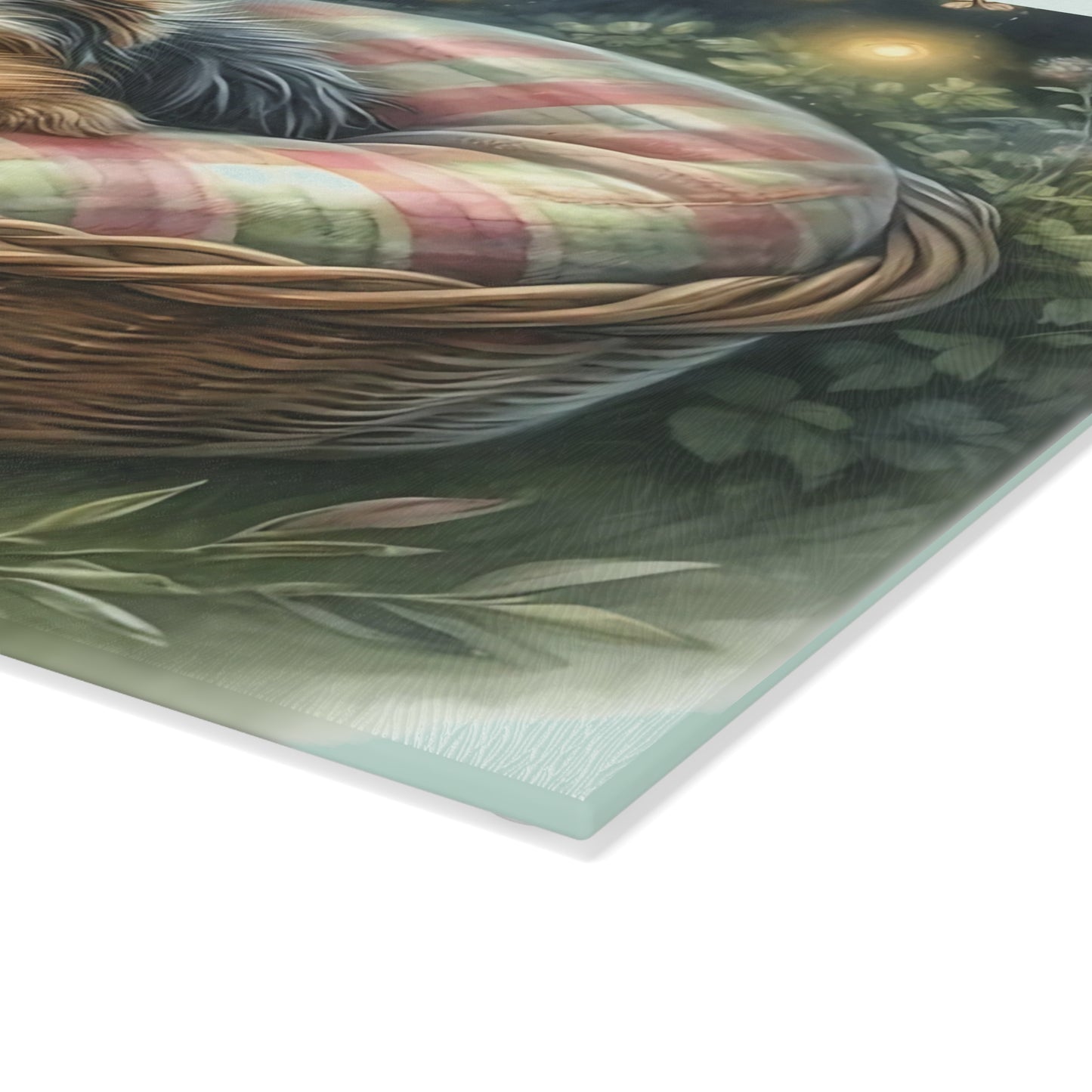 🐾✨ Sleeping Yorkie in Basket Cutting Board – Dreamy Garden Charm for Your Kitchen 🌙🕯️