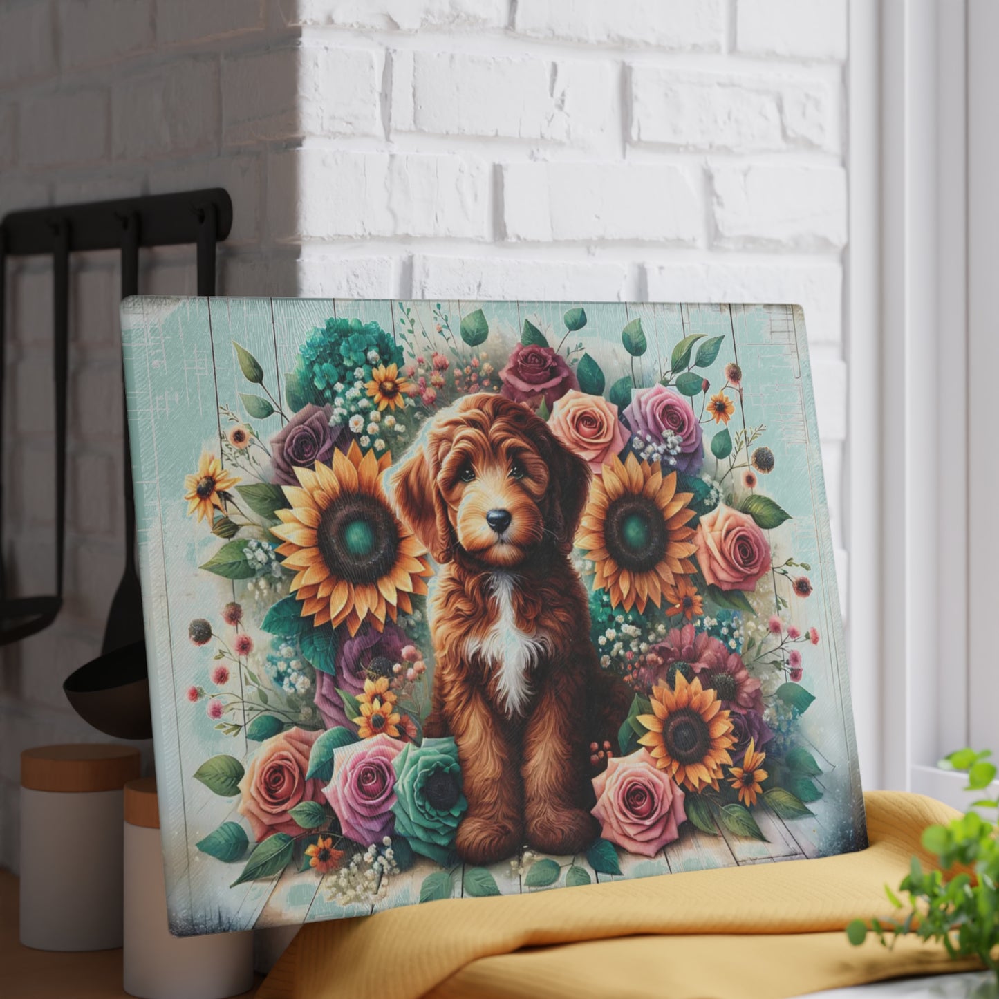 🐶🌻 “Sunflower Pup” Glass Cutting Board – Bright, Happy Farmhouse Vibes for Your Kitchen