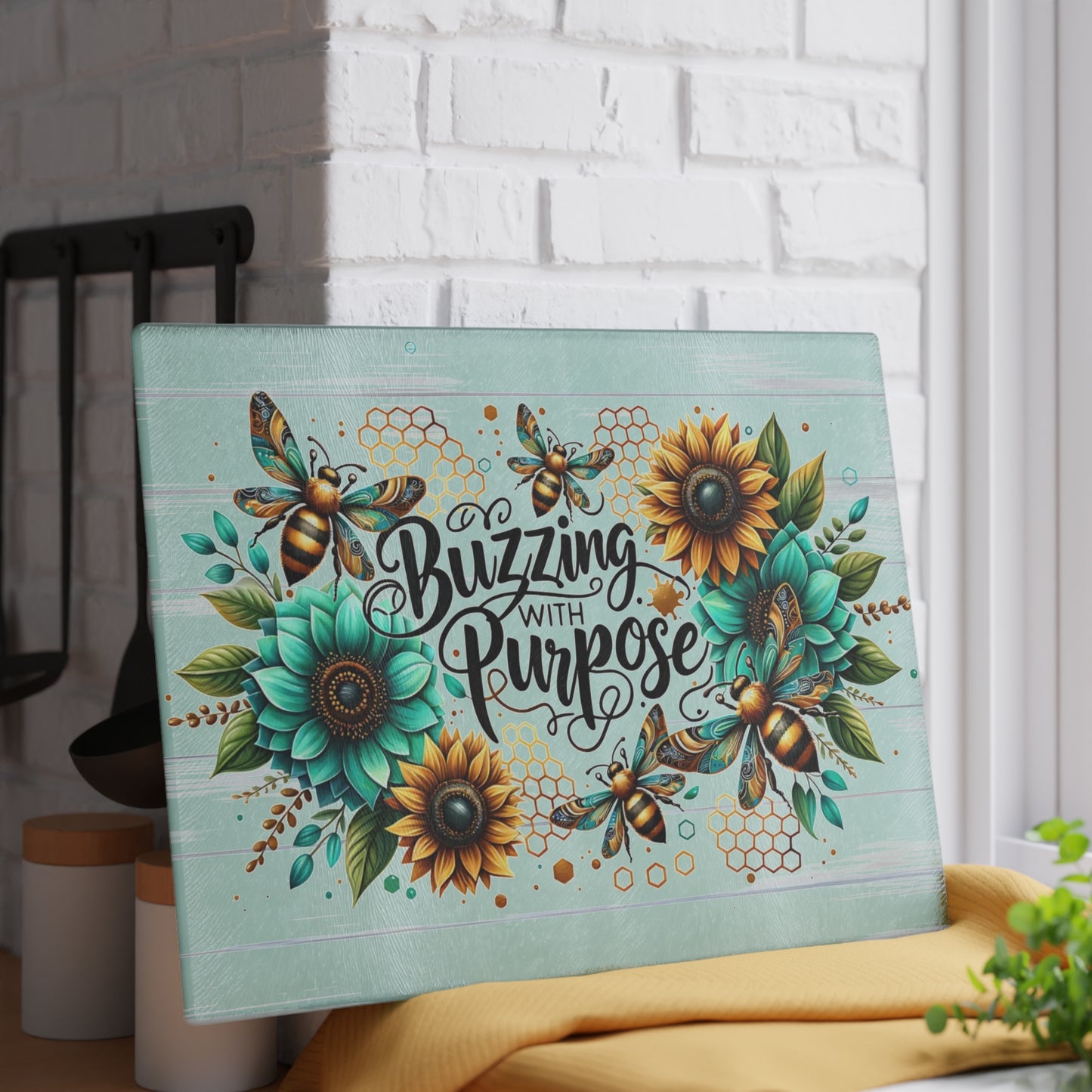 🐝🌻 “Buzzing with Purpose” Glass Cutting Board – Uplift Your Kitchen with Cheer