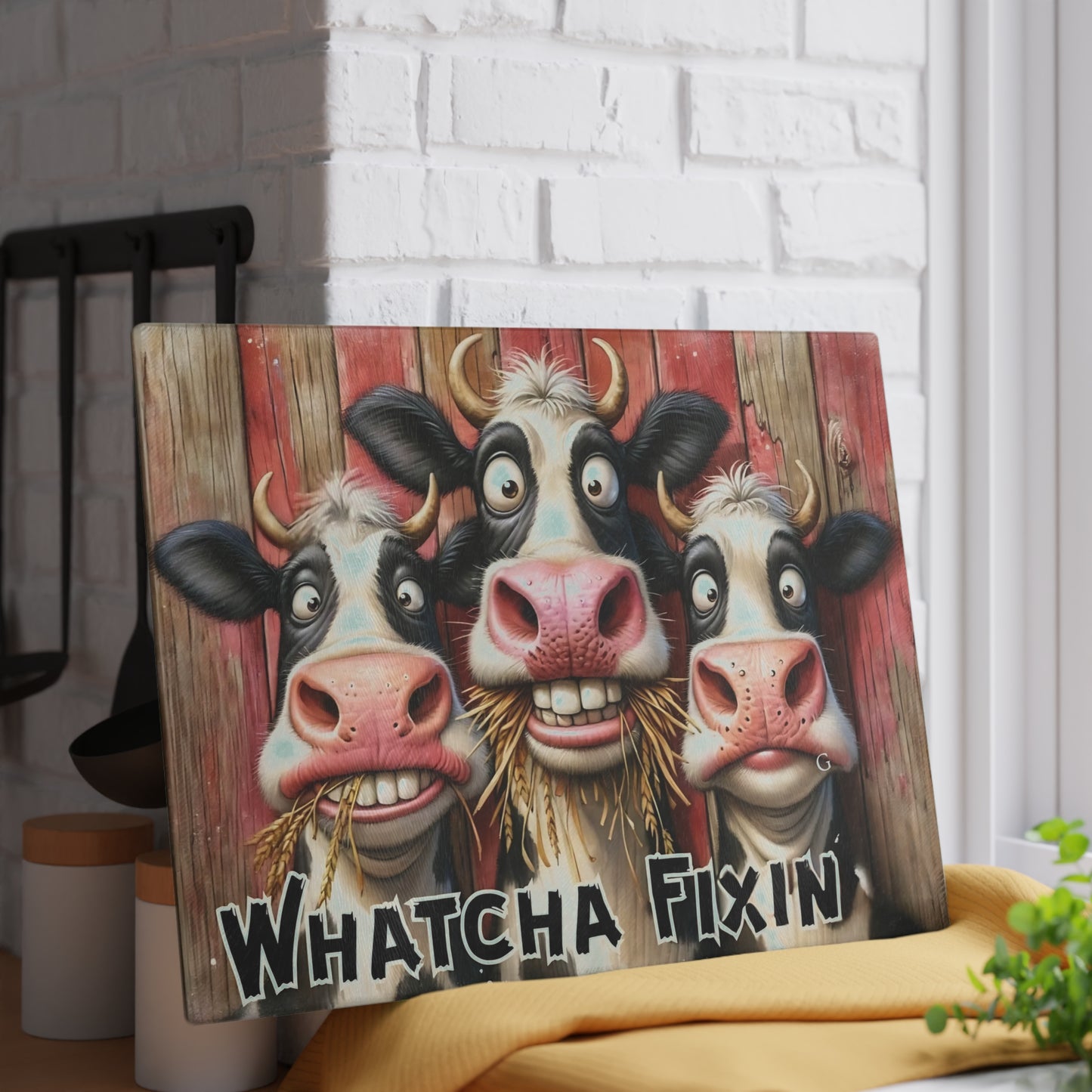 🐄 Whatcha Fixin’ Cow Trio Cutting Board – Funny Farmhouse Kitchen Décor with Rustic Charm