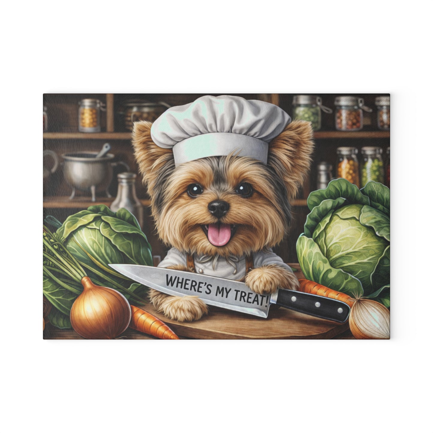 Yorkshire Terrier Chef Glass Cutting Board – “Where’s My Treat!” Playful Kitchen Art