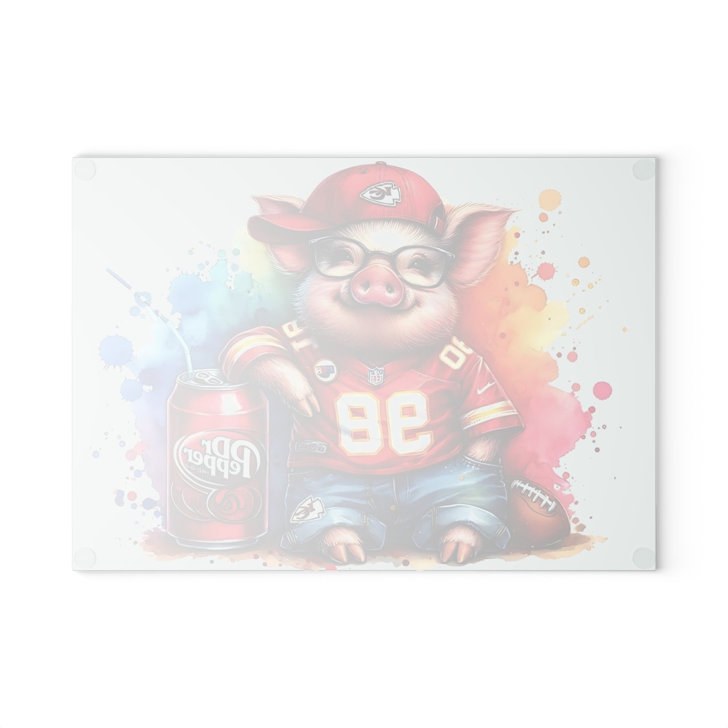 Tabla de cortar de vidrio con diseño de cerdo Jersey rojo y salpicaduras de arcoíris: un estilo de charcutería divertido y colorido para cocinas vibrantes