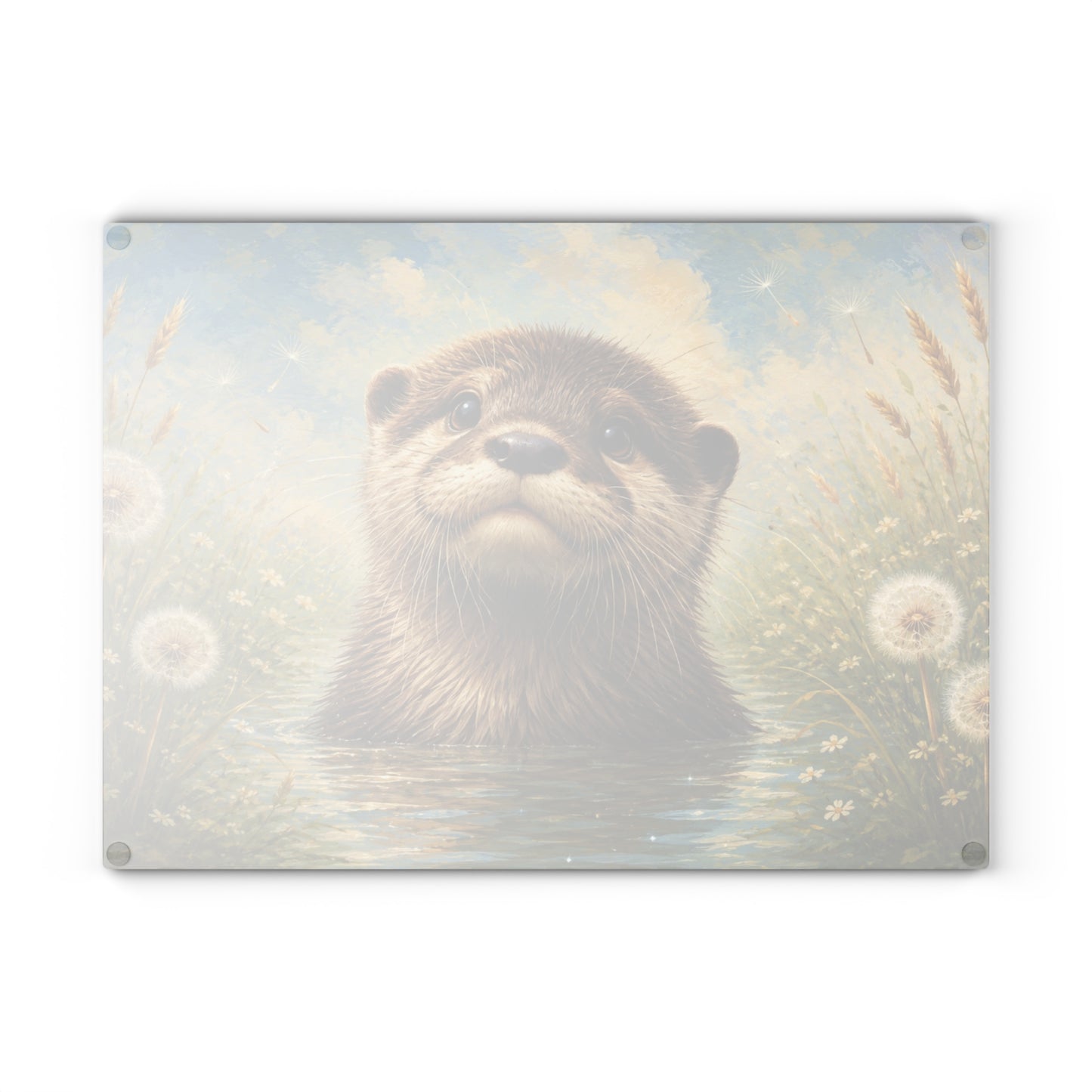 Gentle Meadow Otter Glass Cutting Board – Whimsical Wildlife Art with Soft Nature Tones