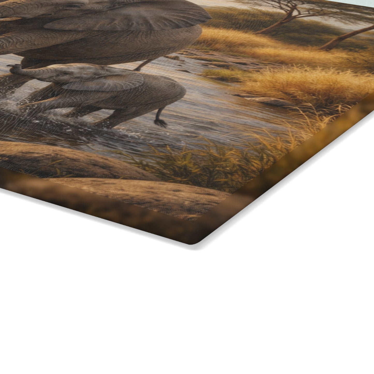 Elephant and Calf River Crossing Glass Cutting Board – Peaceful Wildlife Nature Kitchen Art