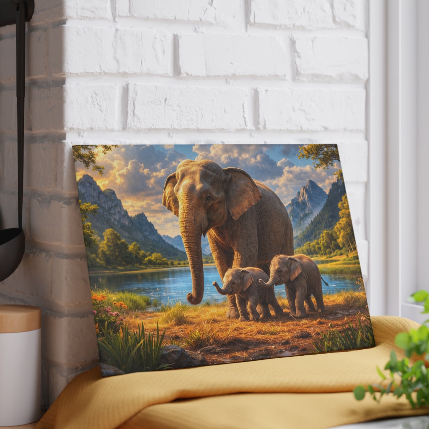 Mother Elephant with Calves Glass Cutting Board – Peaceful Wildlife Family Kitchen Art