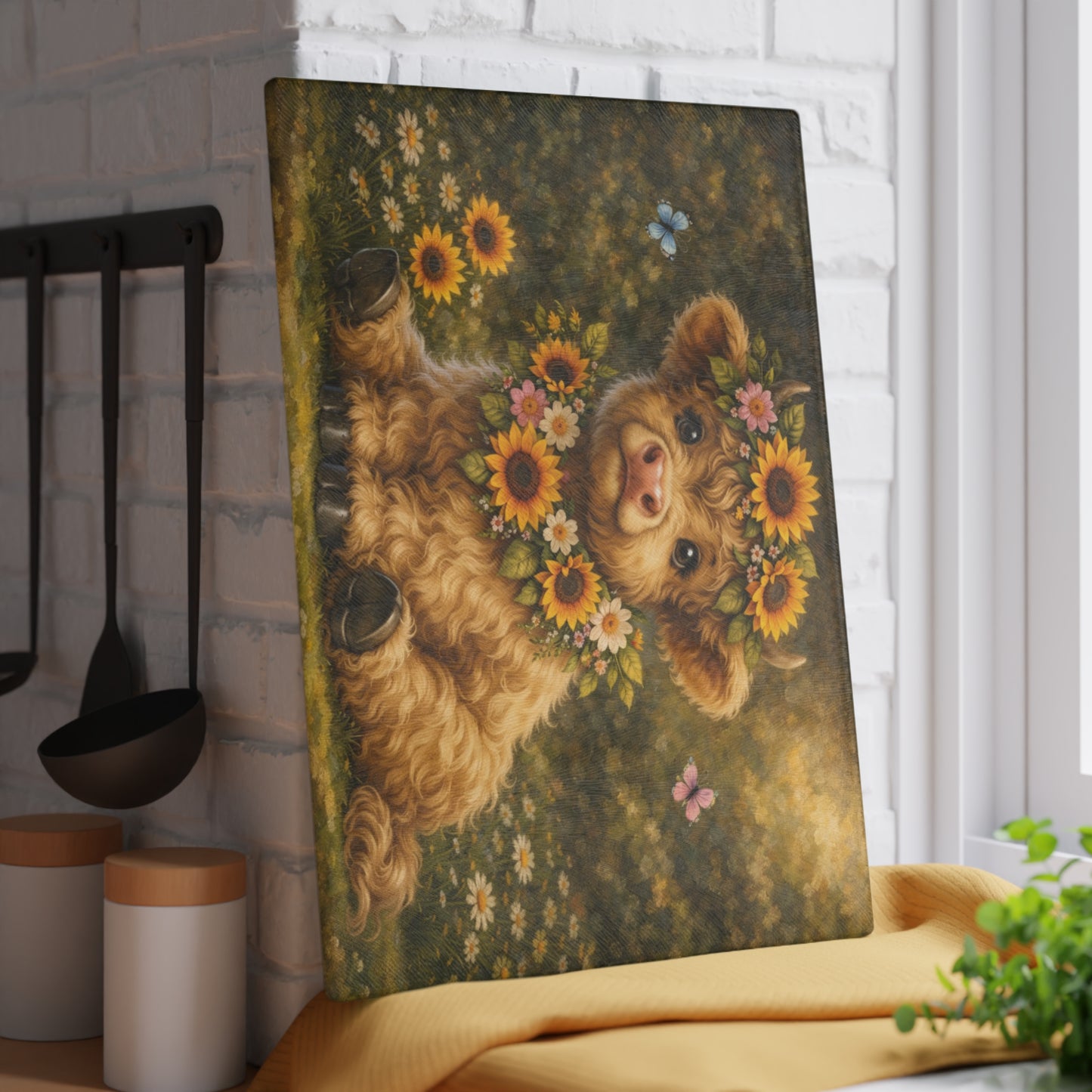 Floral Highland Calf Glass Cutting Board – Vintage Garden Style
