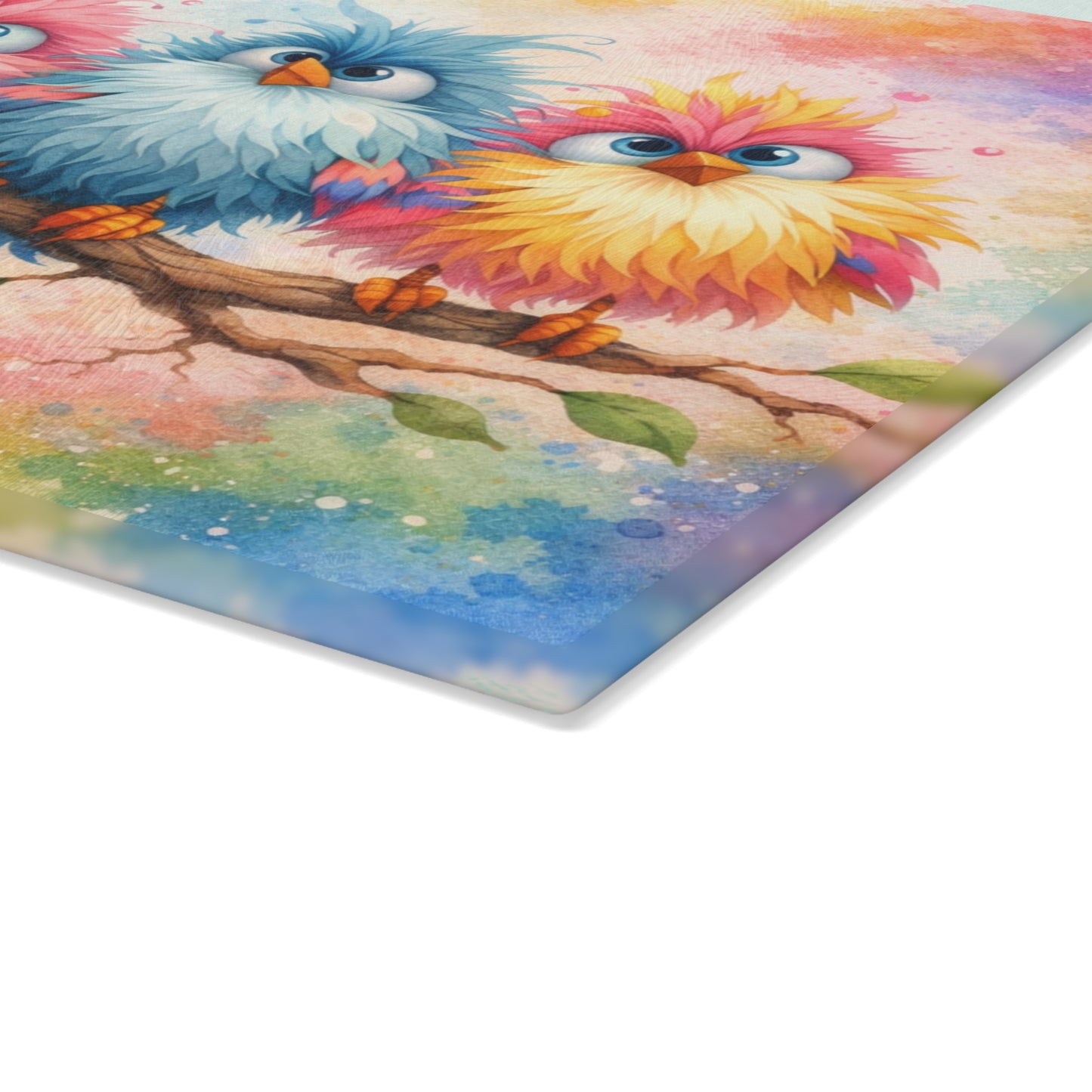 Colorful Birds on a Branch Glass Cutting Board – Whimsical Farmhouse Kitchen Decor with Bright Watercolor Style