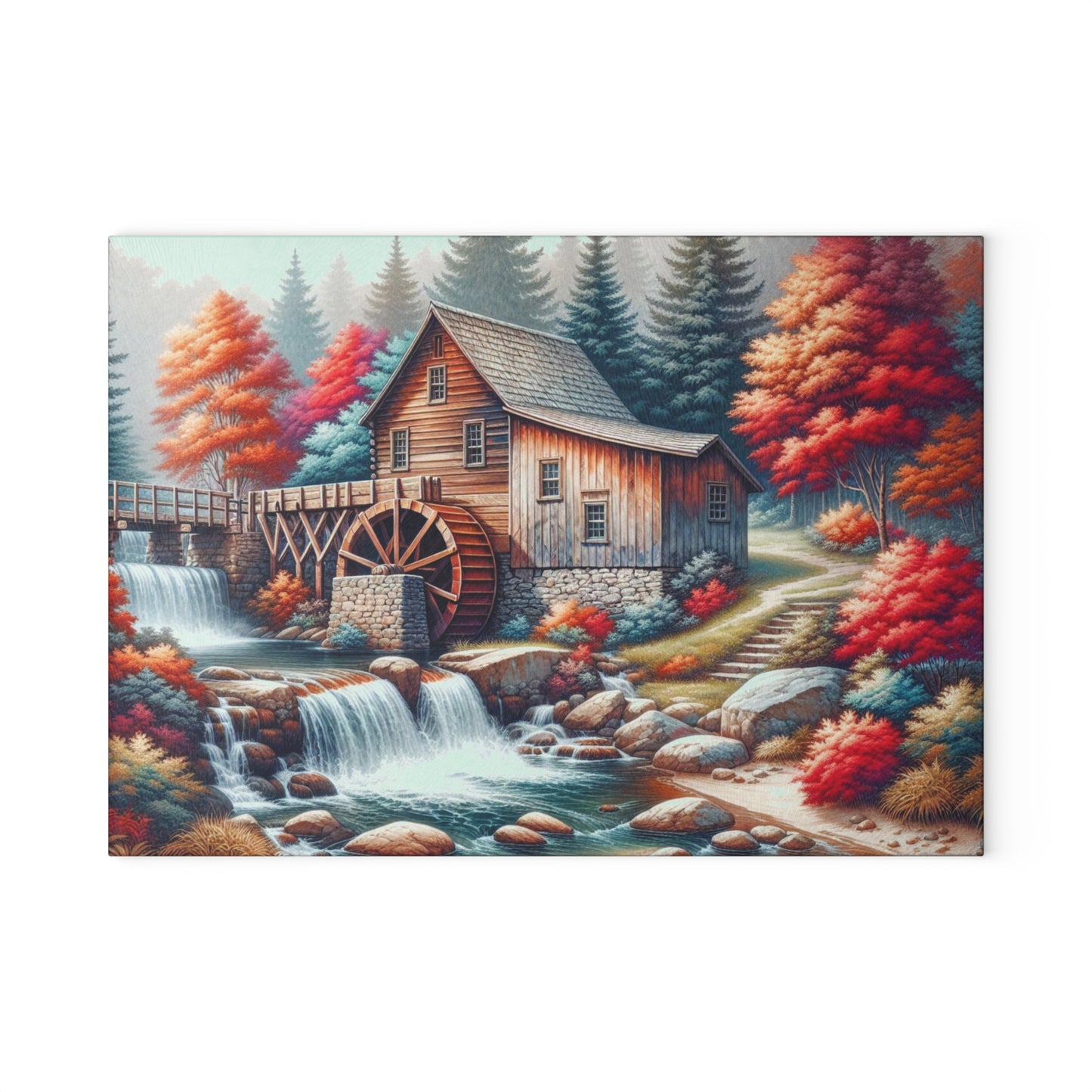 🌊 Rustic Watermill Cutting Board – Tranquil Autumn Charm for Your Kitchen