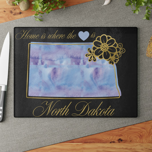 💙 North Dakota State Cutting Board – Soothing Blues with Prairie Heart Charm