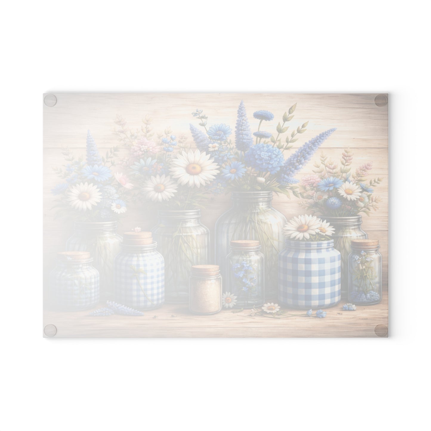 Blue Gingham Wildflower Mason Jar Glass Cutting Board – Rustic Farmhouse Kitchen Decor