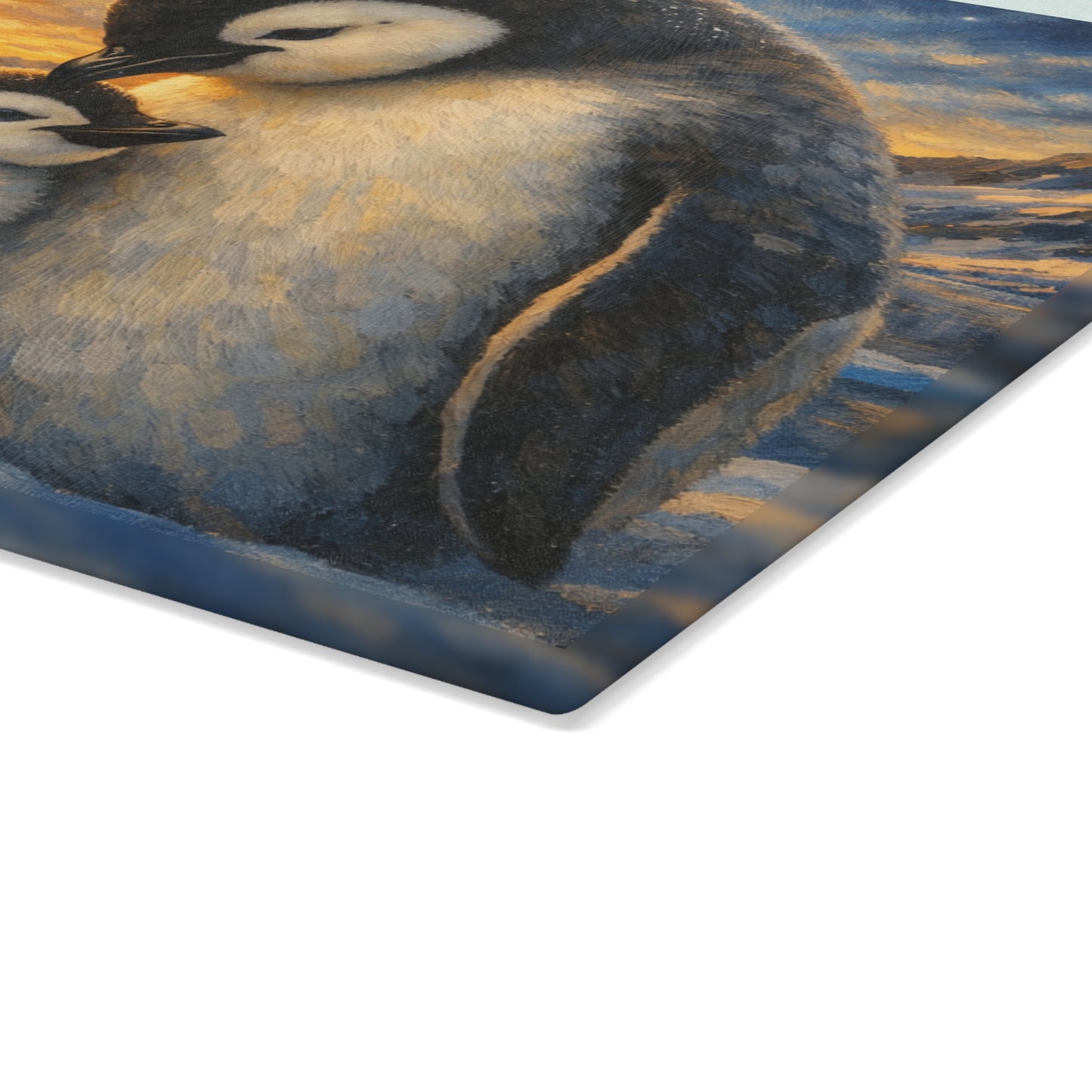 Penguins at Golden Arctic Sunset Glass Cutting Board – Mother and Baby Wildlife Artwork