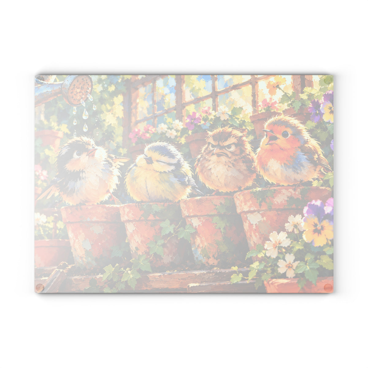 Four Funny Garden Birds – Colorful Painted Tempered Glass Cutting Board – Whimsical Bird and Flower Kitchen Decor