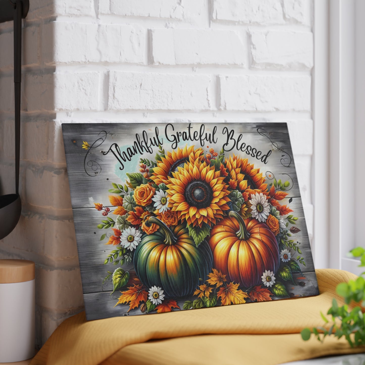🍂🌻 “Thankful • Grateful • Blessed” Glass Cutting Board – Harvest Glow for Your Kitchen