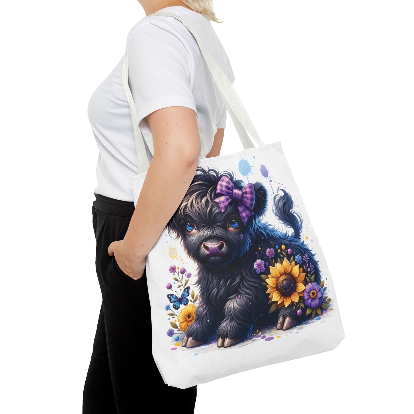 💜 Purple Bow Black Highland Calf Tote Bag – Country Charm with a Pop of Color 🐮👜