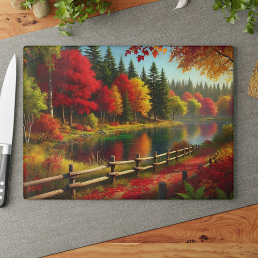 🍂 Autumn Lake Path Cutting Board – Tranquil Forest Reflections for Your Kitchen