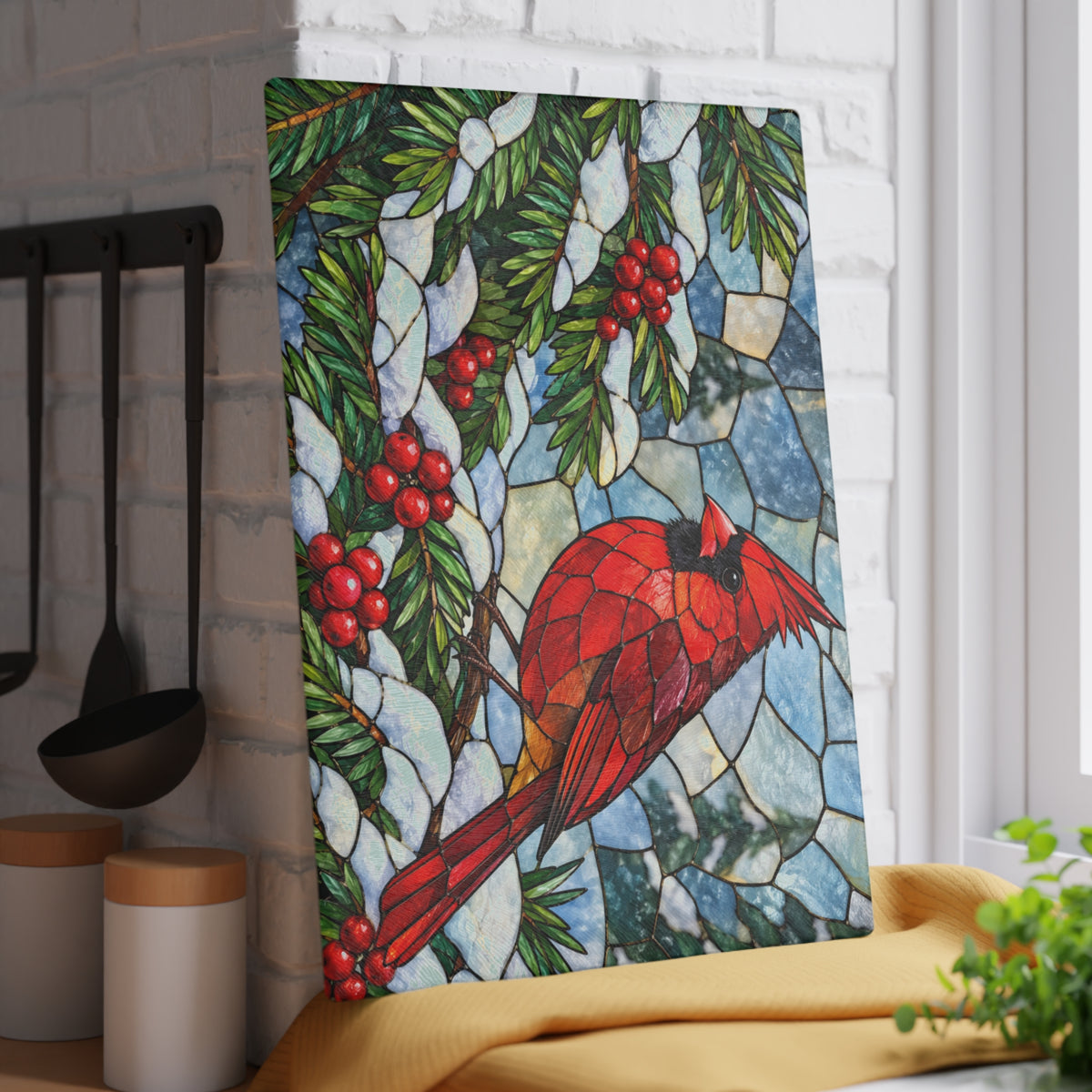 Winter Cardinal Stained-Glass-Look Glass Cutting Board