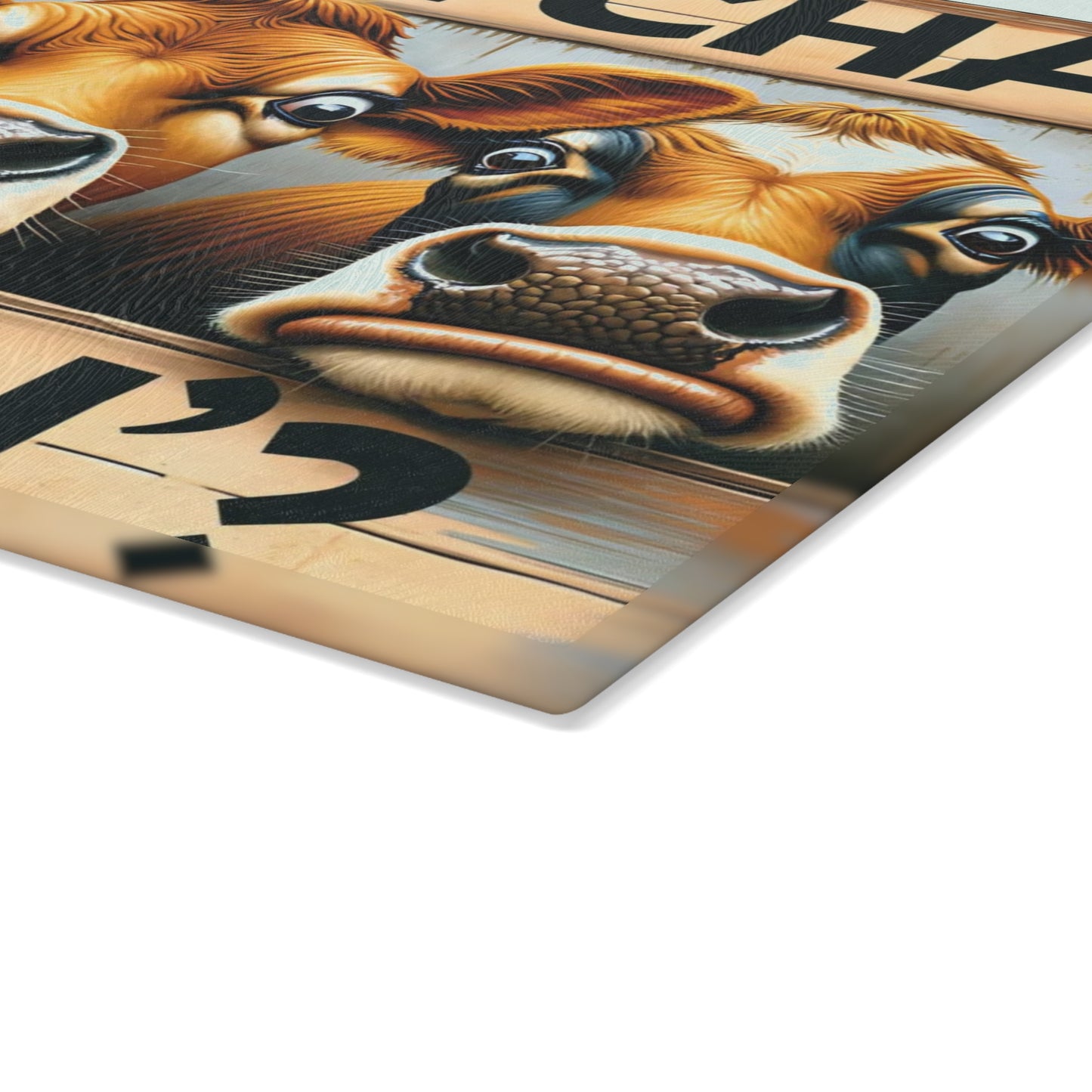 🐮🤠 “Whatcha Makin’?” Glass Cutting Board – Cozy Charm for Your Kitchen