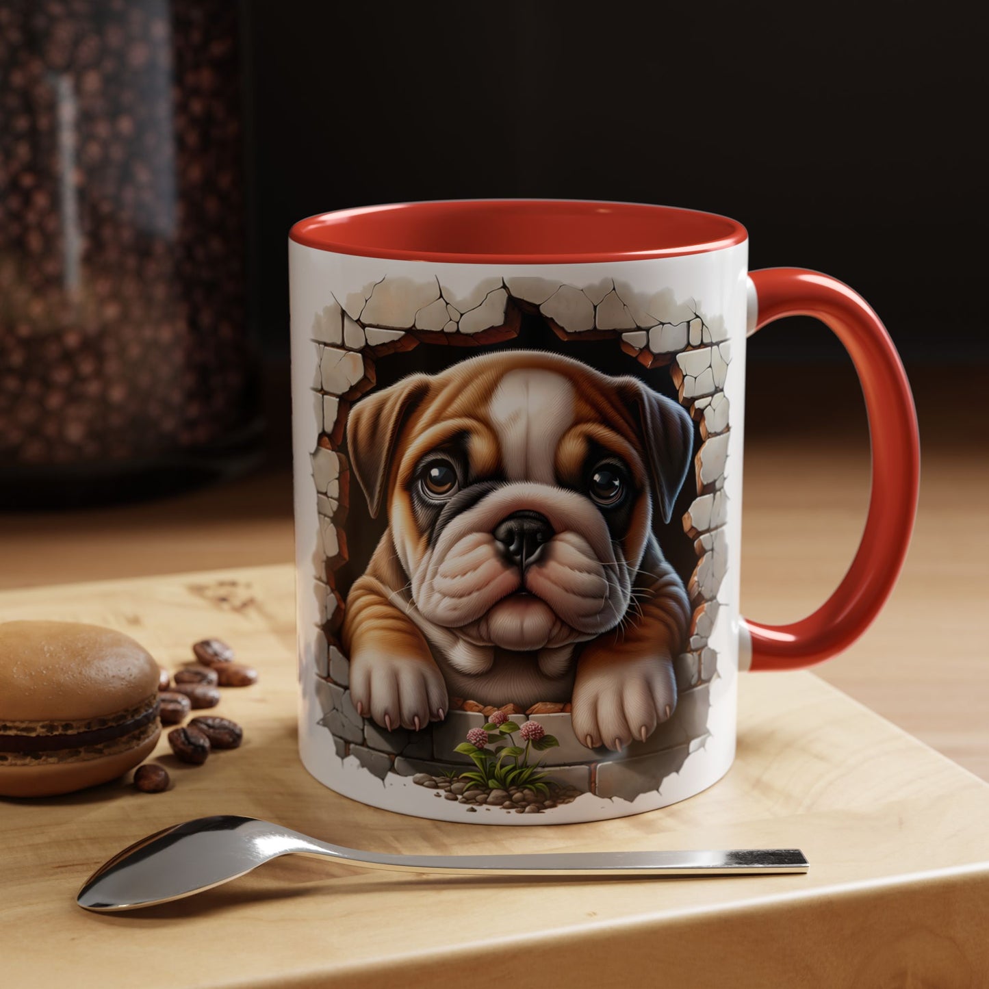 🎀🐶 English Bulldog Puppy Accent Mug – Cute Peek-Through Dog Design for Animal Lovers ☕💖