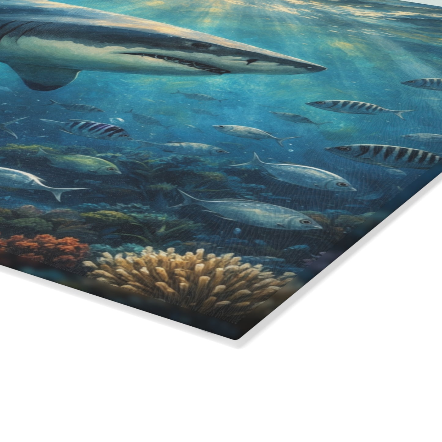 Guardian of the Deep Glass Cutting Board – Majestic Ocean Shark Artwork
