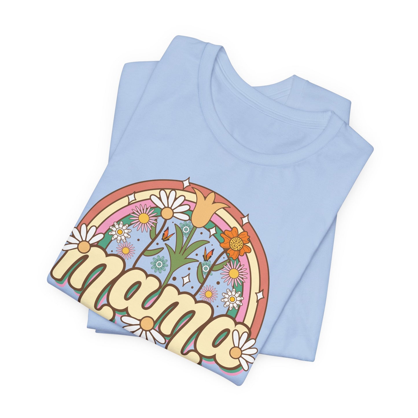🌼🌈 Retro Floral Mama T-Shirt – Boho Rainbow Graphic Tee for Moms 🌻✨