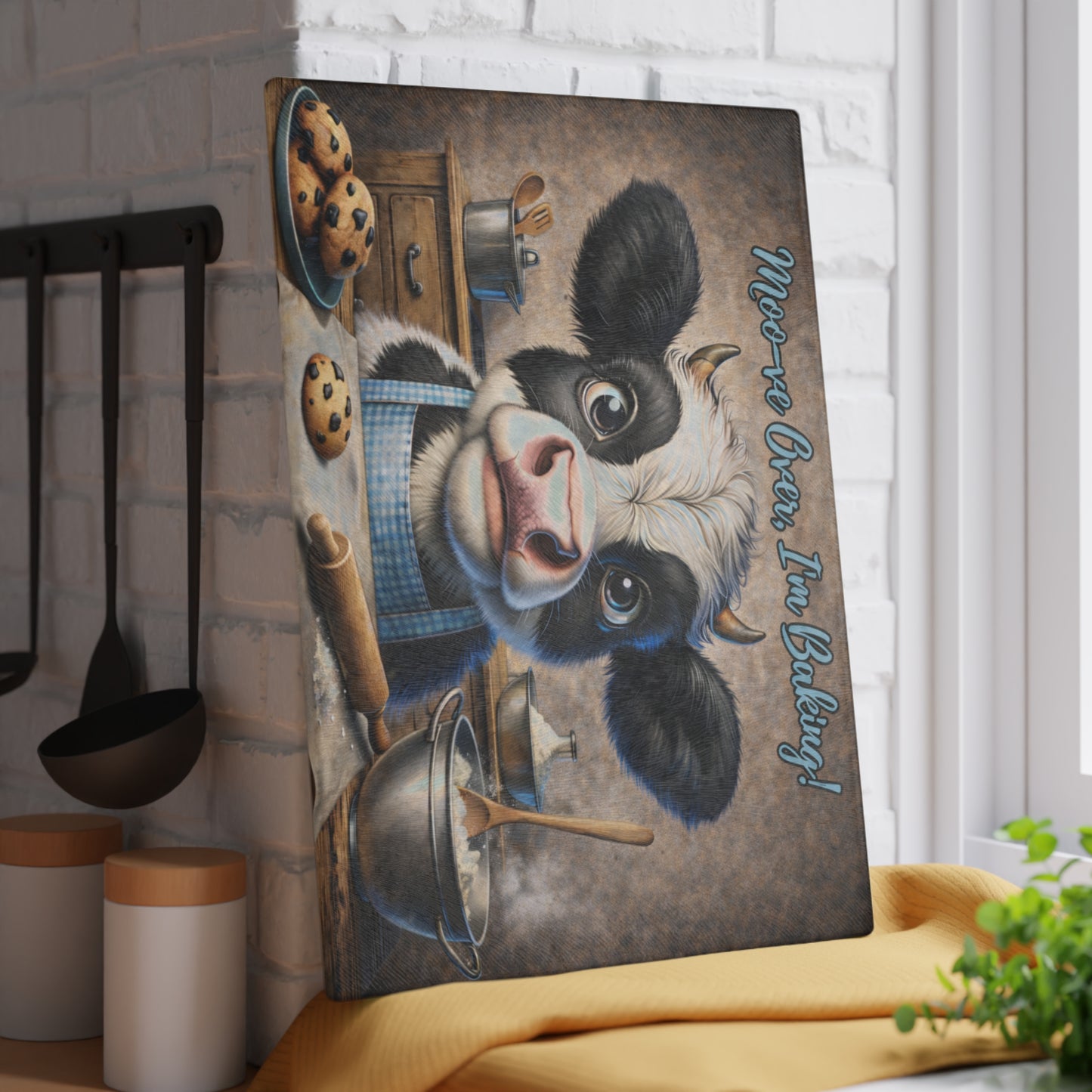 Moo-ve Over, I’m Baking! Glass Cutting Board – Whimsical Farmhouse Kitchen Decor