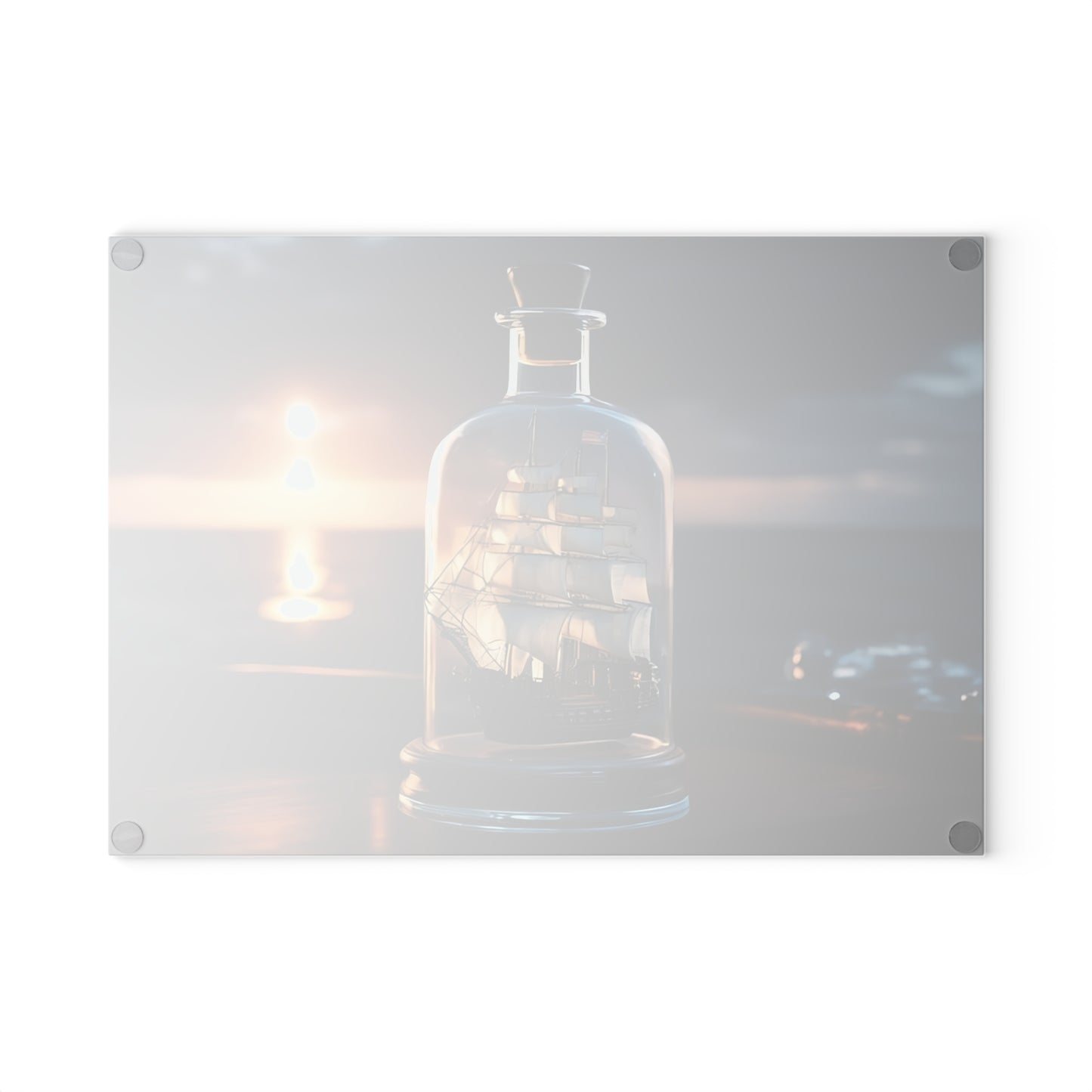 Tabla de cortar de vidrio templado con un barco antiguo en una botella: diseño de atardecer náutico