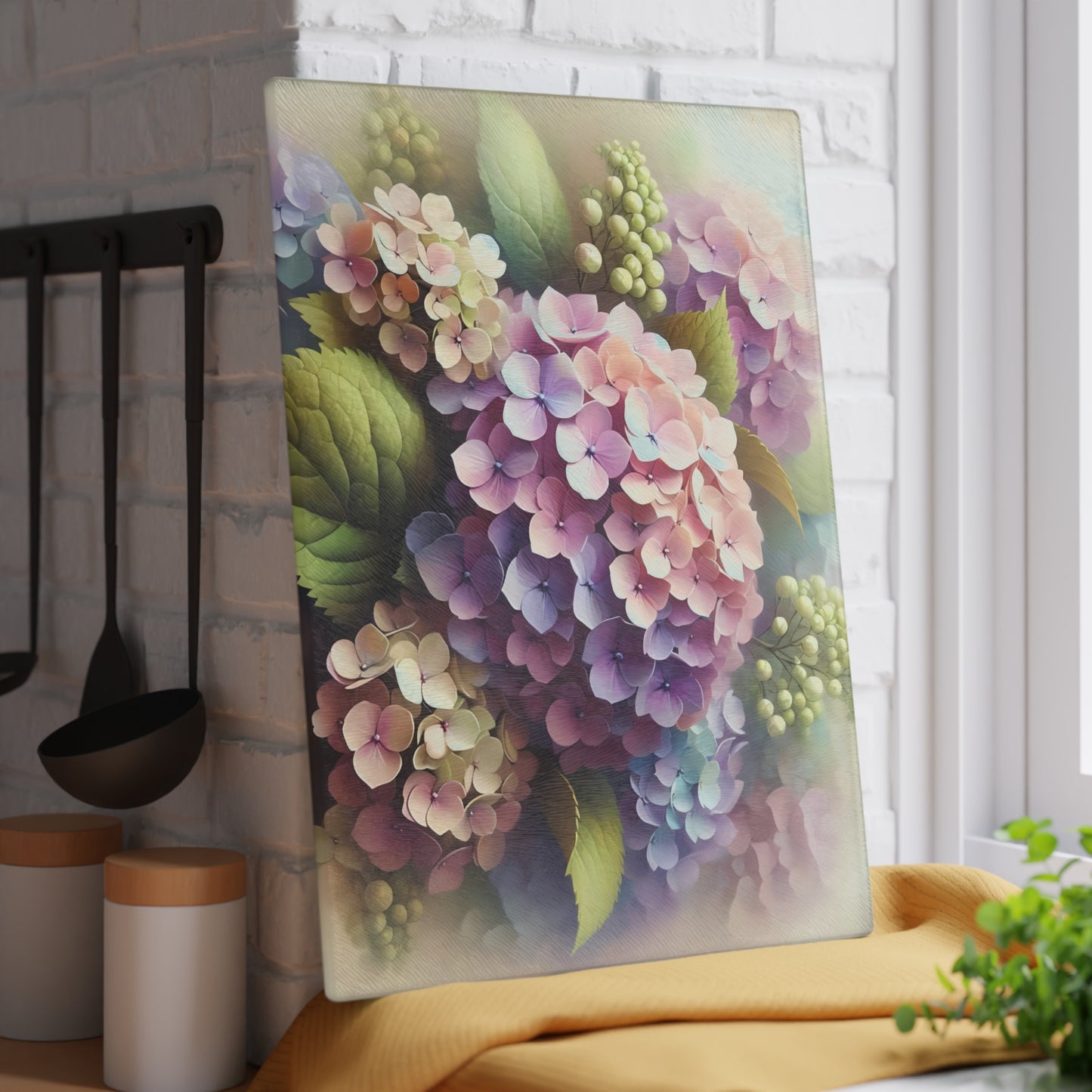 Tabla de cortar de vidrio templado con flores de hortensia: elegante decoración floral para la cocina, regalo único, tabla de cortar de vidrio, tabla para charcutería, tabla de cortar personalizada, flores