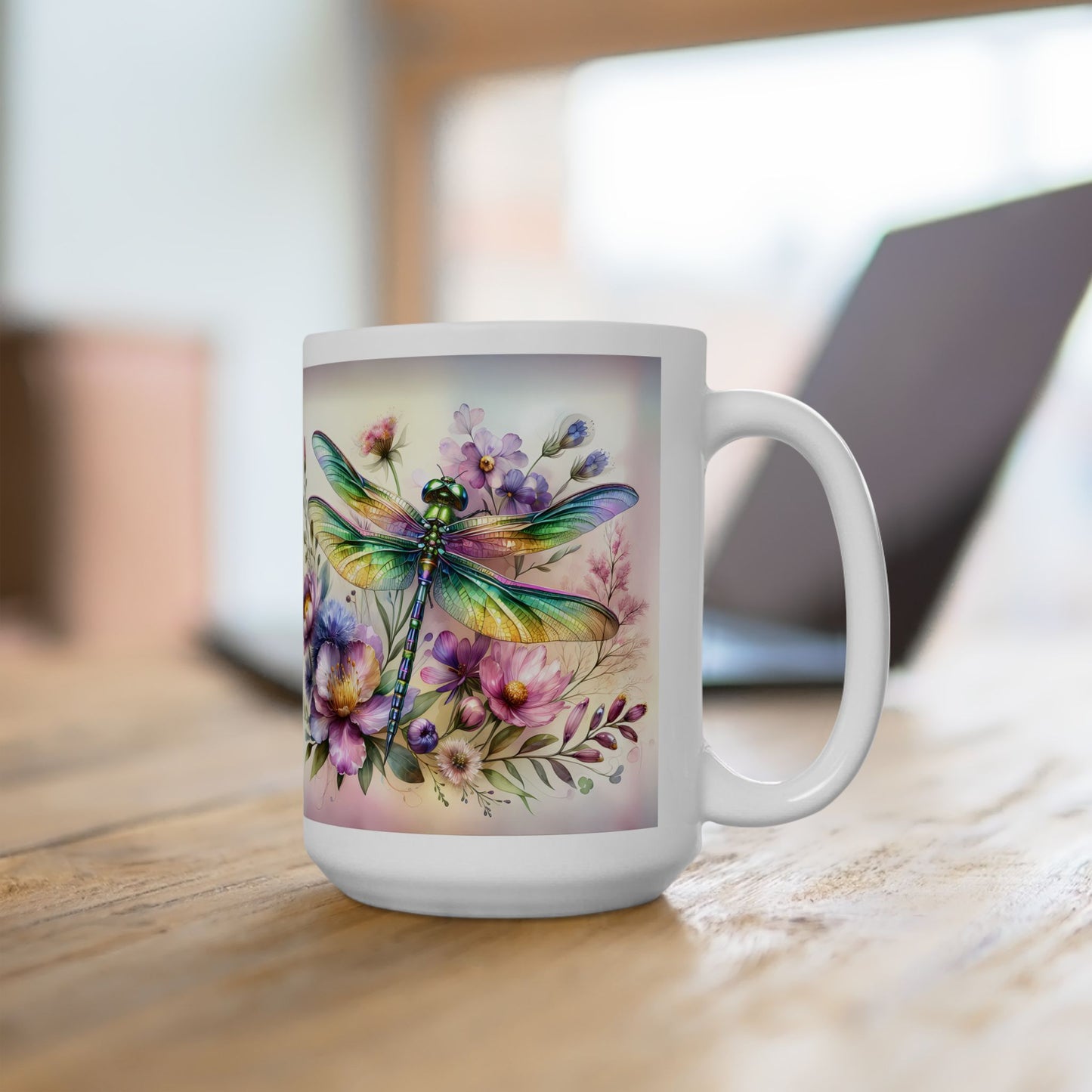 Libélula arcoíris y jardín de flores silvestres: envoltorio floral para tazas para amantes de la naturaleza ☕